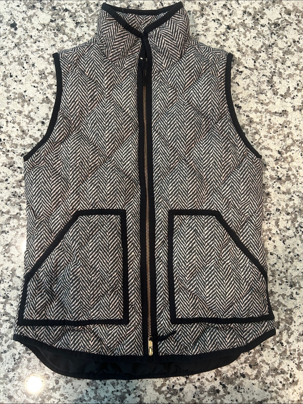 J.Crew Quilted Herringbone Zip Front Vest in Black & Cream